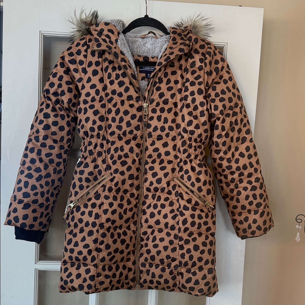 Lands End  leopard Print Kids Jacket with Faux Fur Hood which is detachable